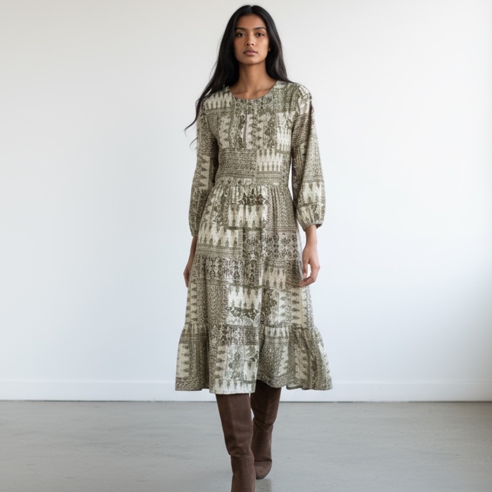 Women's Olive Green Print Midi Dress - Flowing Long-Sleeve Style